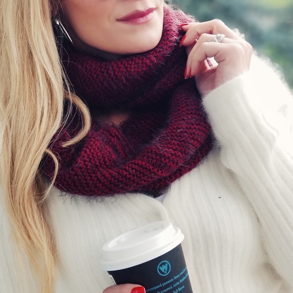 BURGUNDY FUZZY KNIT INFINITY SCARF - Picture 2 of 5